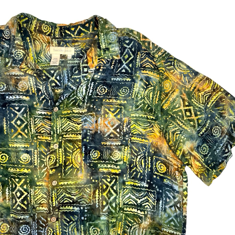 Vintage Territory Ahead Tie Dye Batik Rayon Tribal Shirt Boho Abstract Hippie